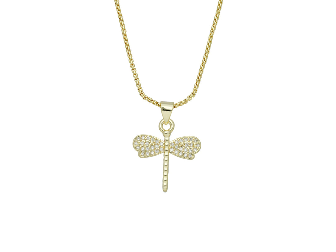 Collar dorado de la marca ROZE con un dije en forma de libélula adornado con brillantes.