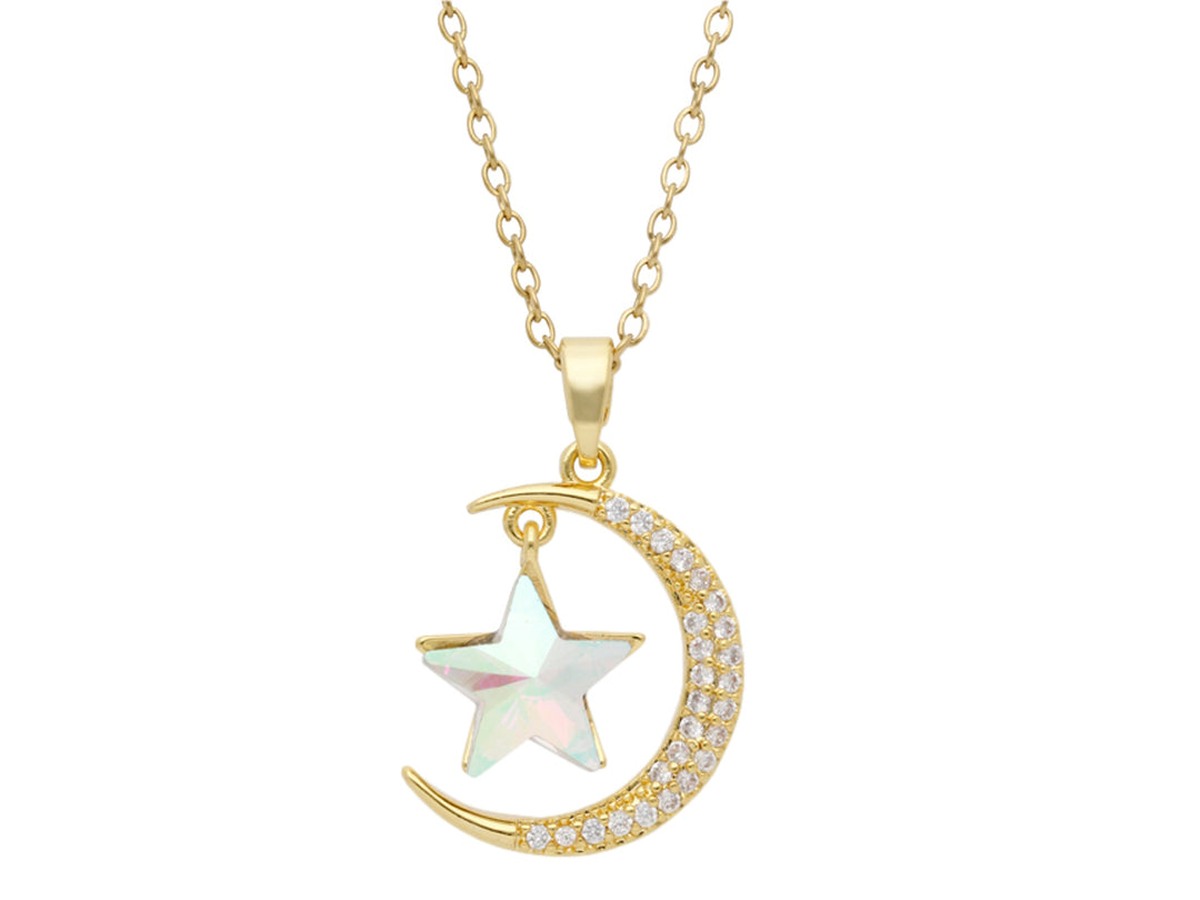 Collar dorado con dije de luna creciente adornada con cristales y una estrella iridiscente central.