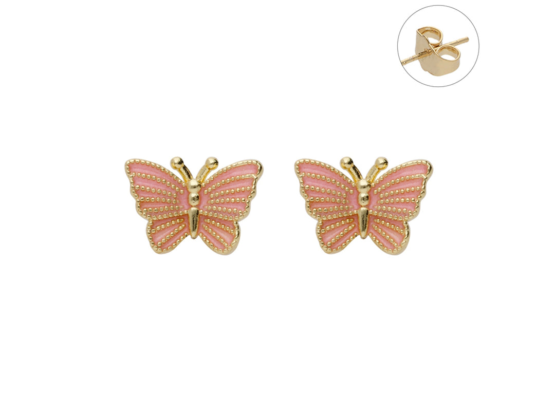 Par de pendientes dorados en forma de mariposa con detalles en color rosa.