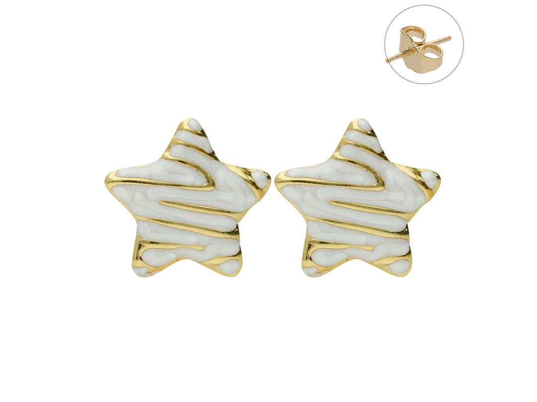 Par de pendientes en forma de estrella con acabado esmaltado blanco y bordes dorados brillantes.