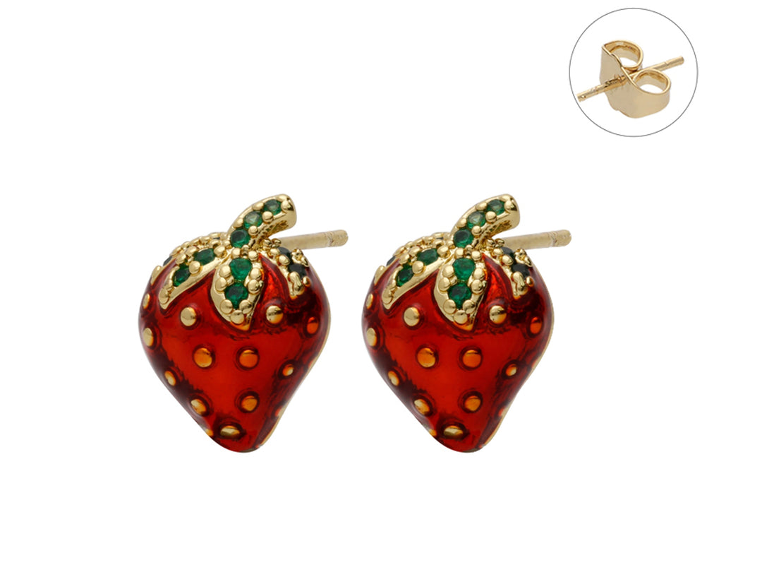 Par de pendientes dorados con forma de fresa en colores rojo y verde con acabado brillante.