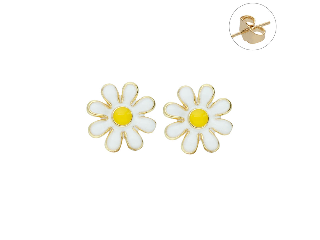 Par de pendientes dorados con forma de margarita en color blanco y centro amarillo.