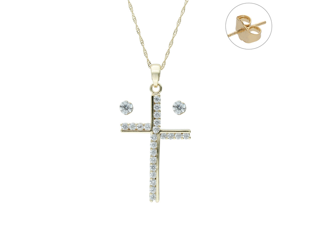 Set de joyería dorado con collar de dije en forma de cruz y aretes, adornados con cristales brillantes.