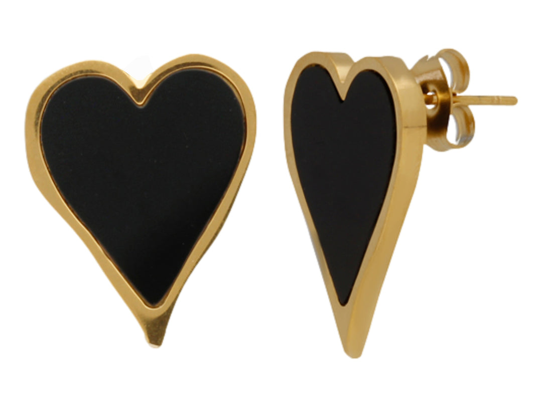 Par de pendientes en forma de corazón con borde dorado y centro negro sobre fondo blanco.