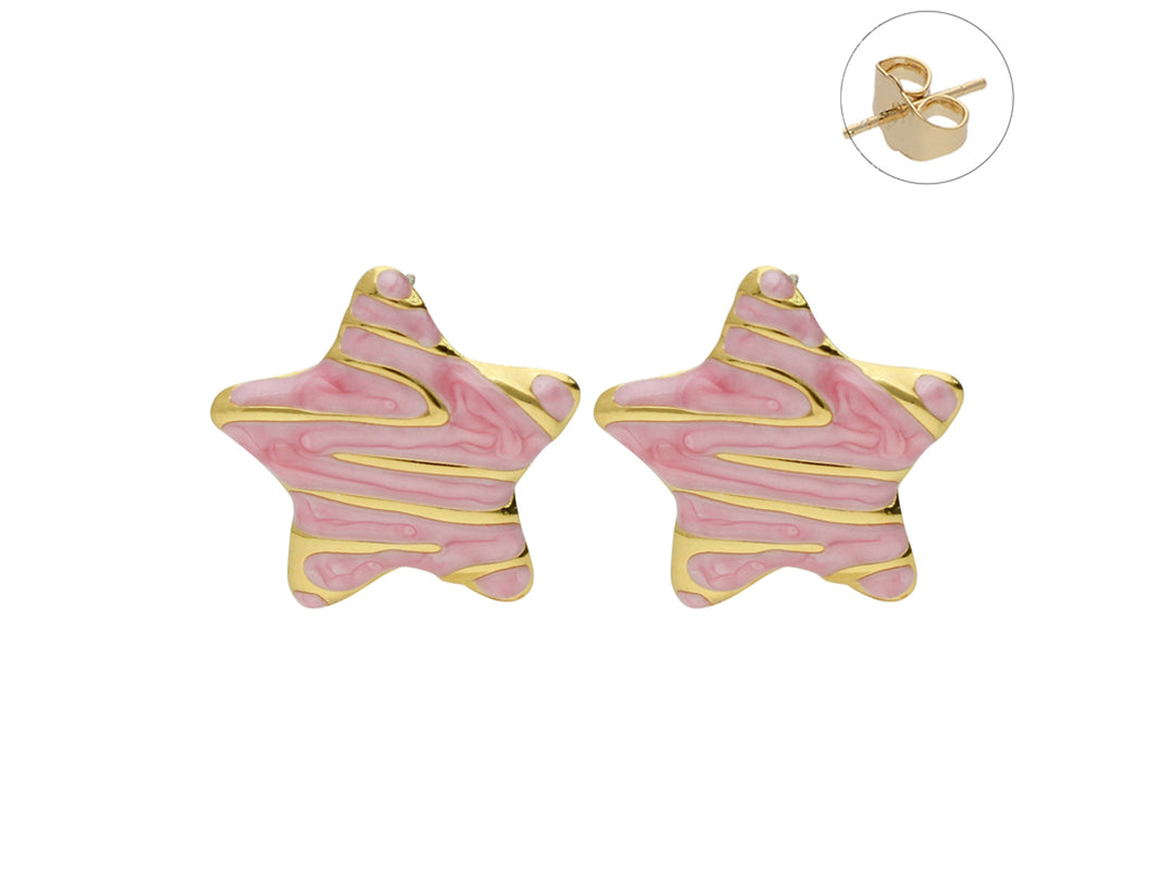 Par de pendientes en forma de estrella con diseño marmoleado en rosa y dorado.
