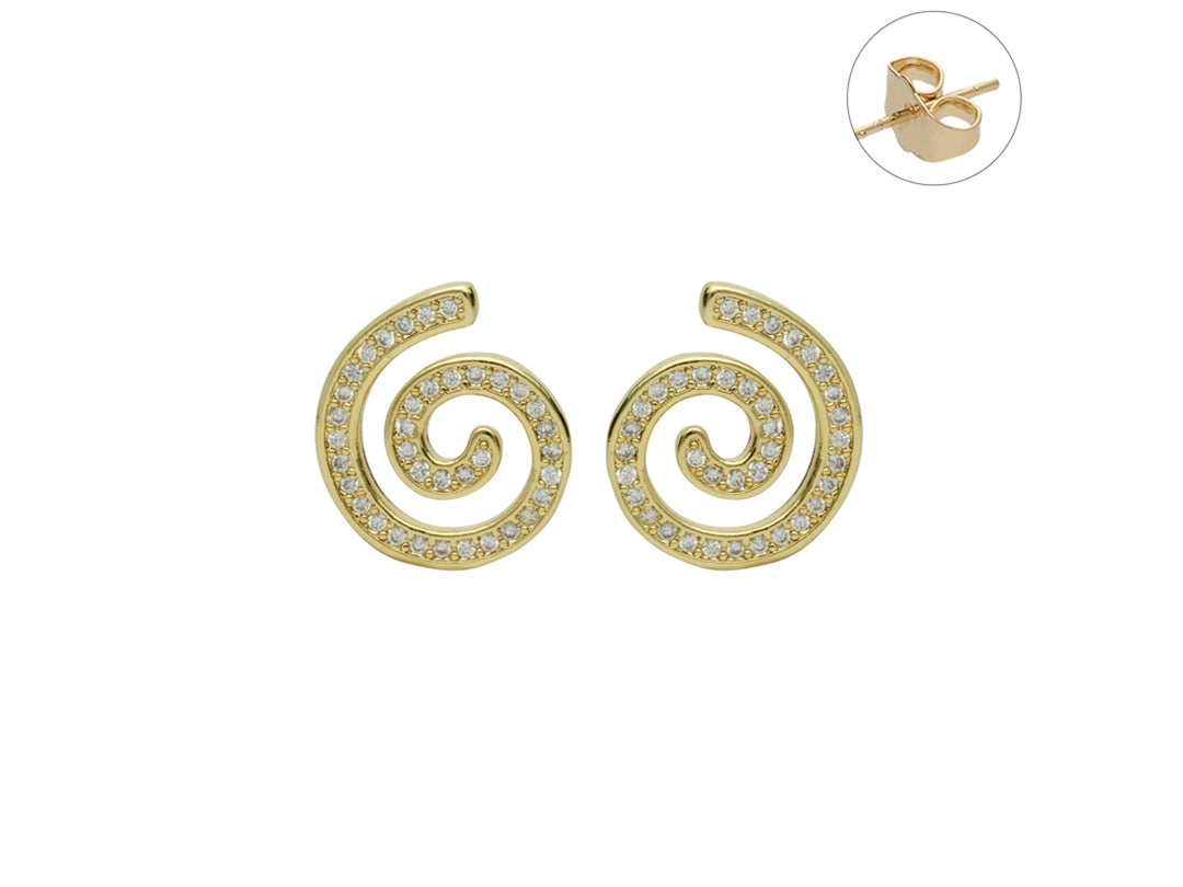 Par de pendientes dorados en forma de espiral adornados con pequeñas piedras brillantes blancas.