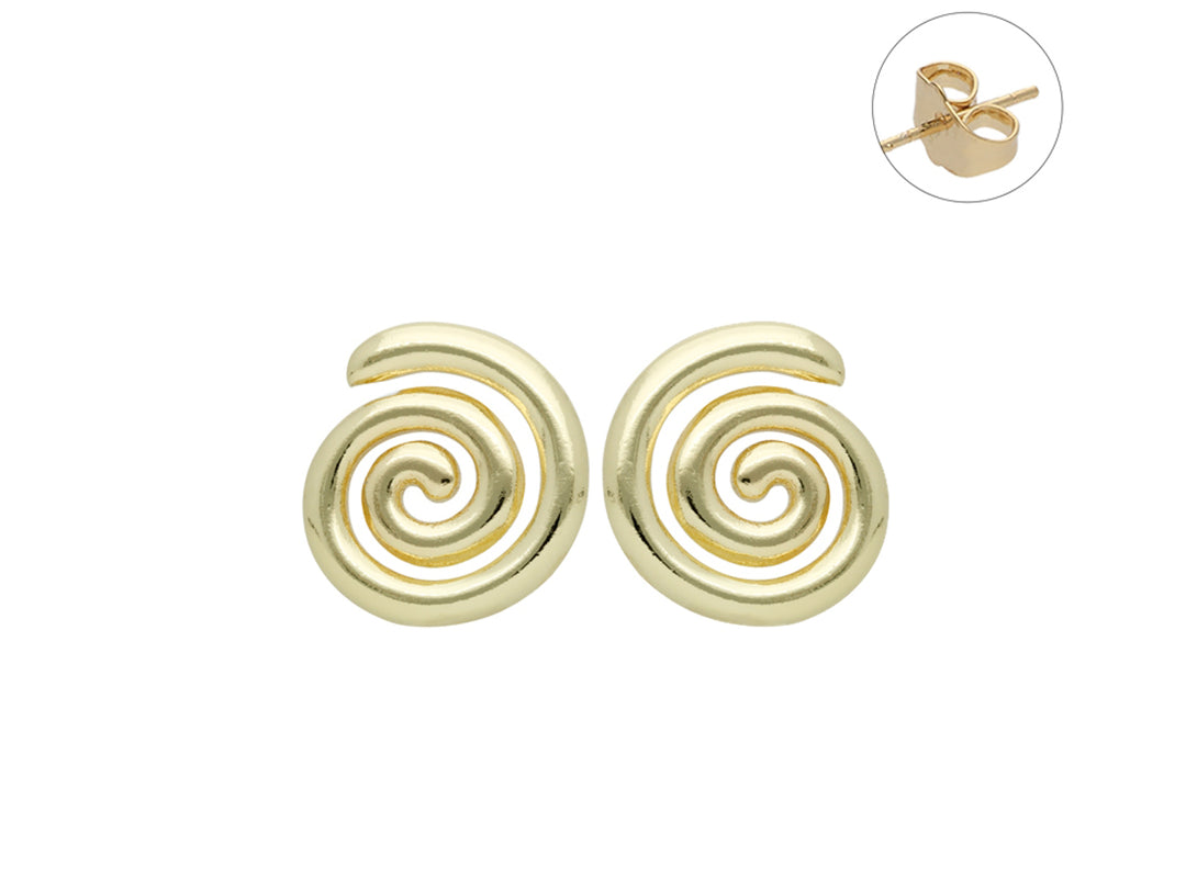 Par de pendientes dorados con diseño en forma de espiral y cierre de mariposa.