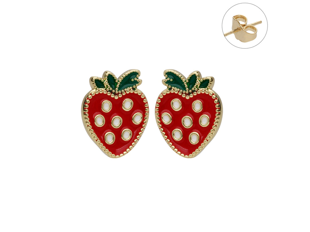Par de pendientes dorados con forma de fresa en colores rojo y verde con acabado brillante.