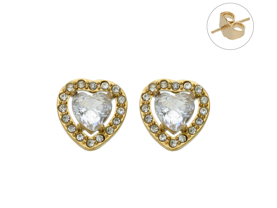 Par de pendientes dorados en forma de corazón con cristales brillantes centrales y perimetrales.