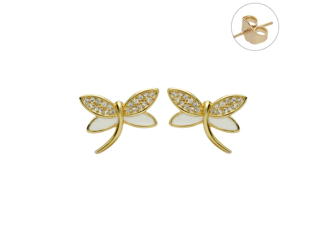 Par de pendientes dorados en forma de libélula con detalles en blanco y cristales brillantes.