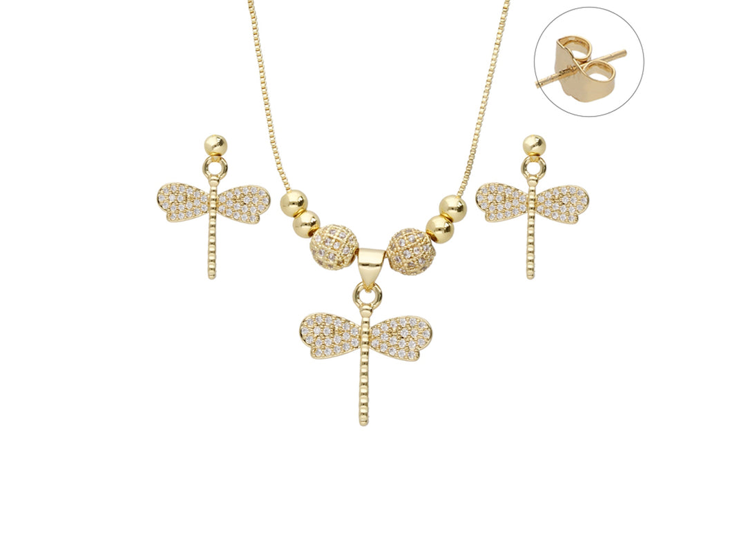Set de joyería dorado compuesto por un collar y aretes con diseño de libélulas brillantes.