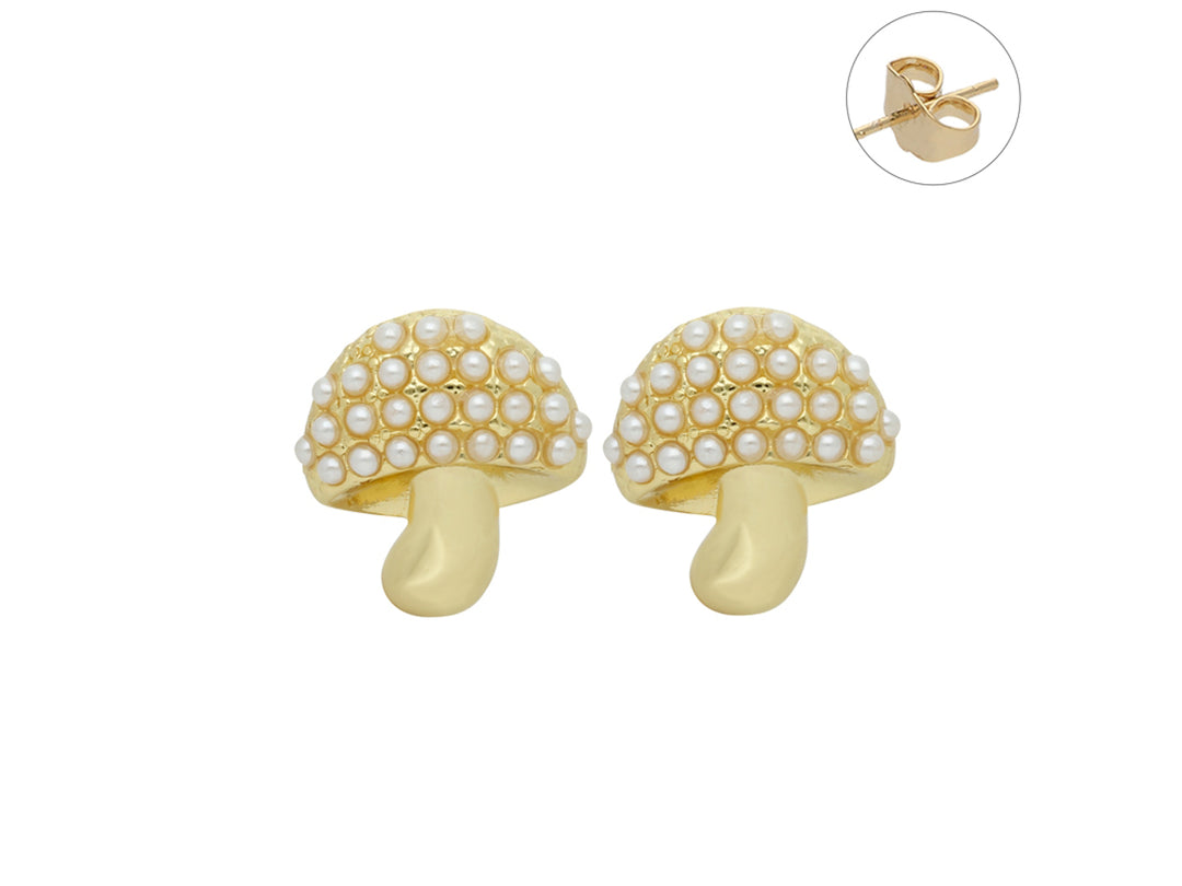 Par de pendientes dorados en forma de hongo con incrustaciones de pequeñas perlas blancas.