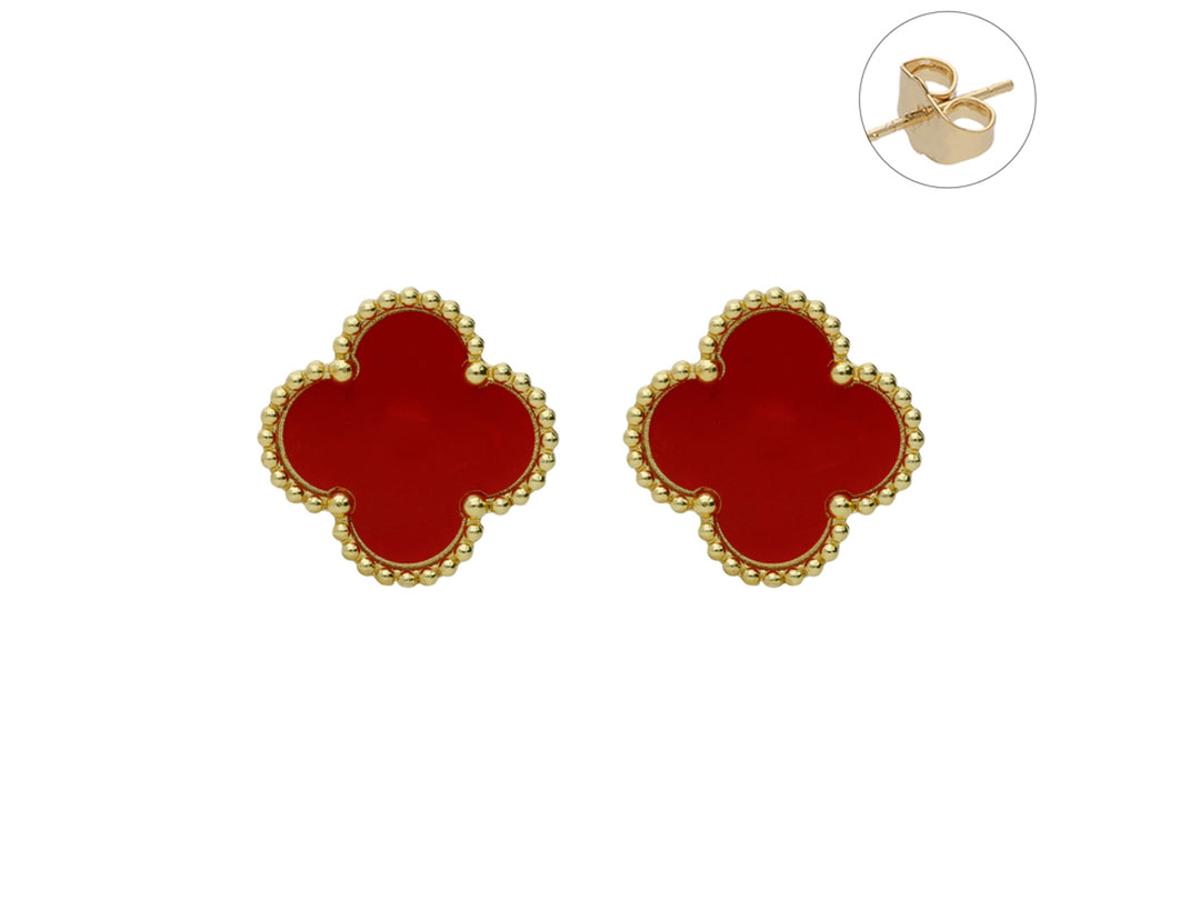 Par de pendientes en forma de trébol color rojo con borde dorado brillante.