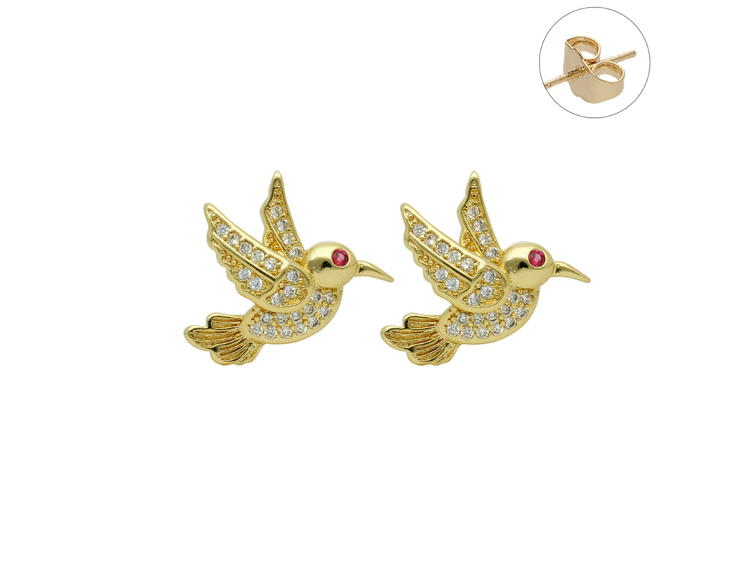 Par de aretes dorados en forma de colibrí con incrustaciones de circonias blancas y un pequeño detalle rojo en el ojo.