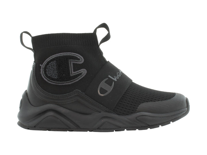 Tenis deportivos Champion color negro, estilo slip-on con banda elástica y suela gruesa.