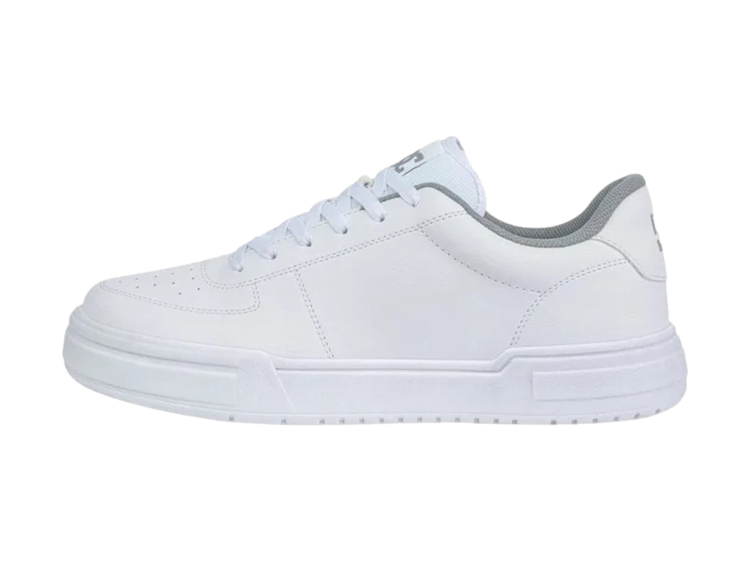 Tenis blancos DC Shoes de corte bajo con suela blanca y forro interior gris.