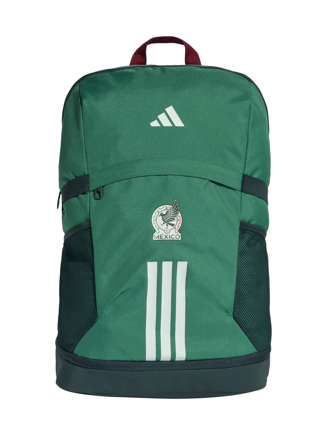 Mochila deportiva Adidas verde con escudo de la Selección Mexicana y detalles en blanco y rojo.