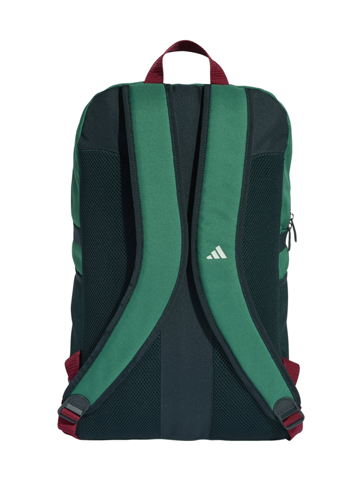 Mochila deportiva Adidas verde con escudo de la Selección Mexicana y detalles en blanco y rojo.