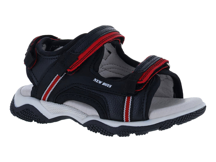 Sandalia New Boys color negro con detalles en rojo y suela blanca.