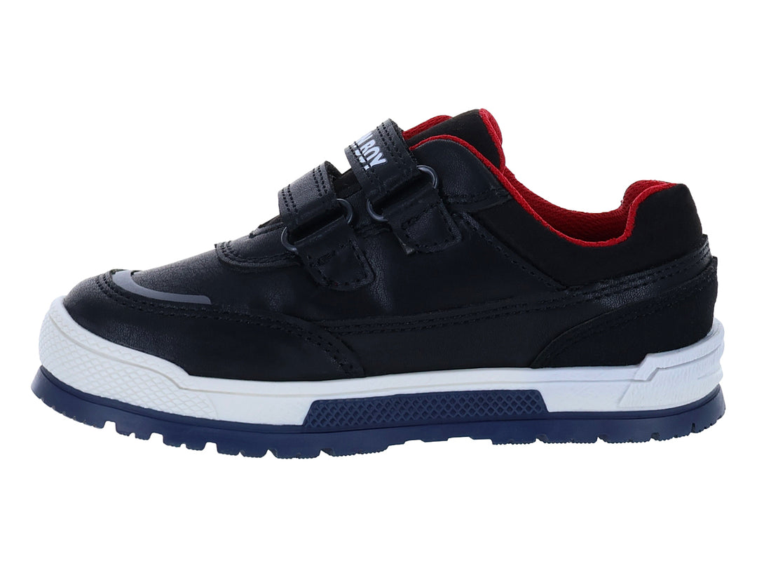 Zapato infantil negro con detalles rojos, suela blanca y azul, y cierre de velcro.