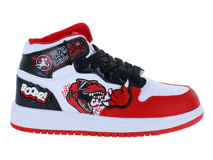 Tenis infantiles bota color blanco y rojo con diseño de dinosaurio y detalles en negro.
