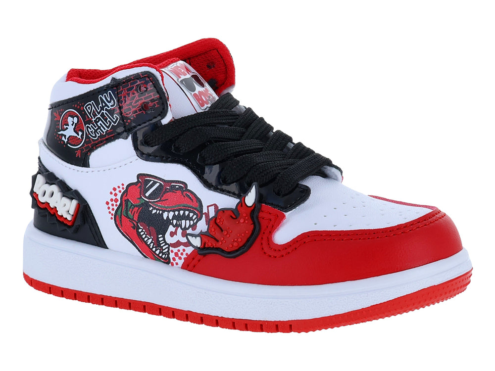 Tenis infantiles bota color blanco y rojo con diseño de dinosaurio y detalles en negro.
