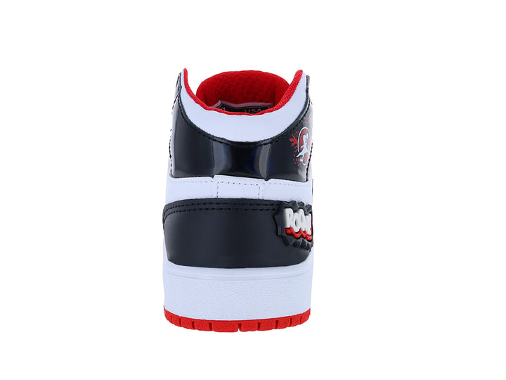 Tenis infantiles bota color blanco y rojo con diseño de dinosaurio y detalles en negro.