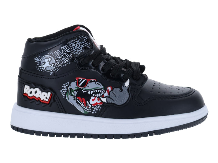 Tenis negros de bota para niño con estampado de dinosaurio y suela blanca.