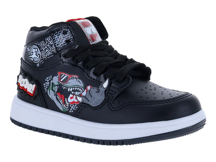 Tenis negros de bota para niño con estampado de dinosaurio y suela blanca.