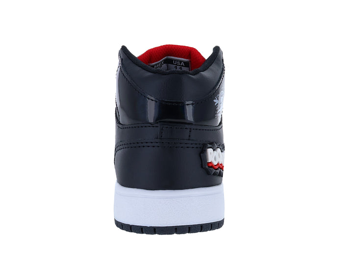 Tenis negros de bota para niño con estampado de dinosaurio y suela blanca.