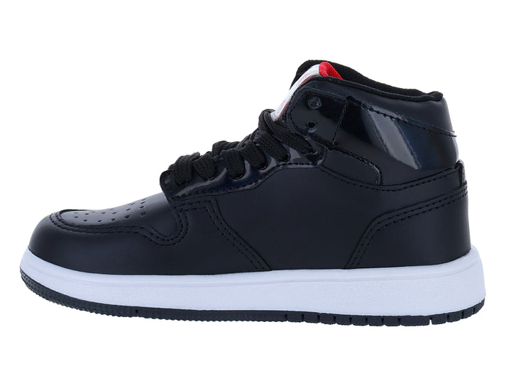 Tenis negros de bota para niño con estampado de dinosaurio y suela blanca.