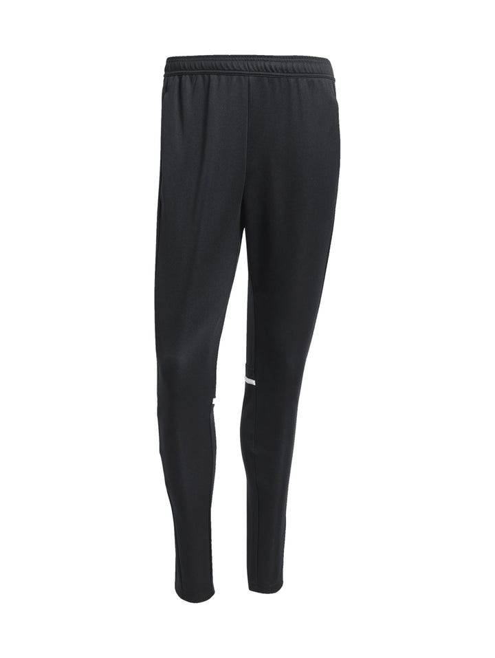 Pantalones deportivos Adidas color negro con franjas blancas laterales y corte ajustado.