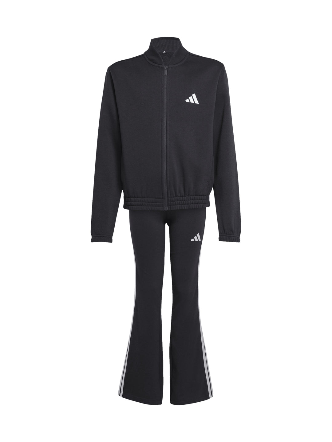 Conjunto deportivo Adidas negro para Mujer, incluye chaqueta y pantalón con rayas plateadas laterales.