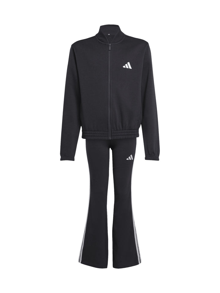 Conjunto deportivo Adidas negro para Mujer, incluye chaqueta y pantalón con rayas plateadas laterales.