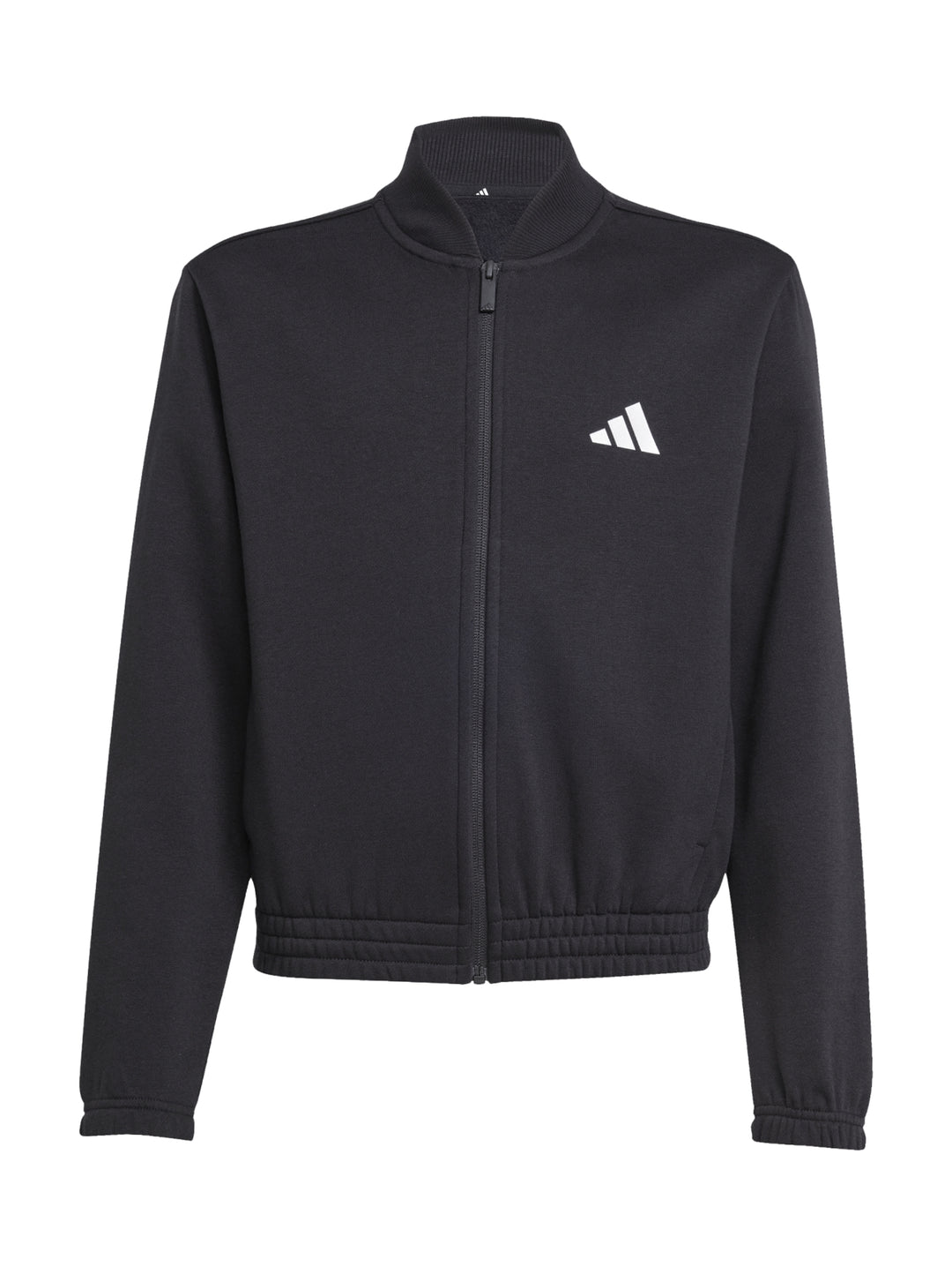 Conjunto deportivo Adidas negro para Mujer, incluye chaqueta y pantalón con rayas plateadas laterales.