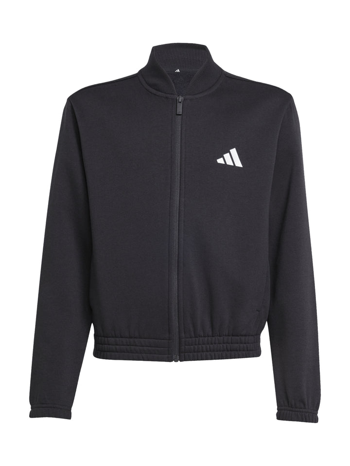Conjunto deportivo Adidas negro para Mujer, incluye chaqueta y pantalón con rayas plateadas laterales.