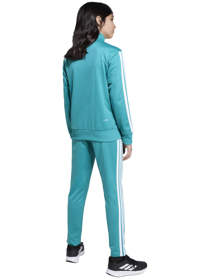 Conjunto deportivo Adidas color turquesa con franjas blancas, incluye chaqueta y pantalón.