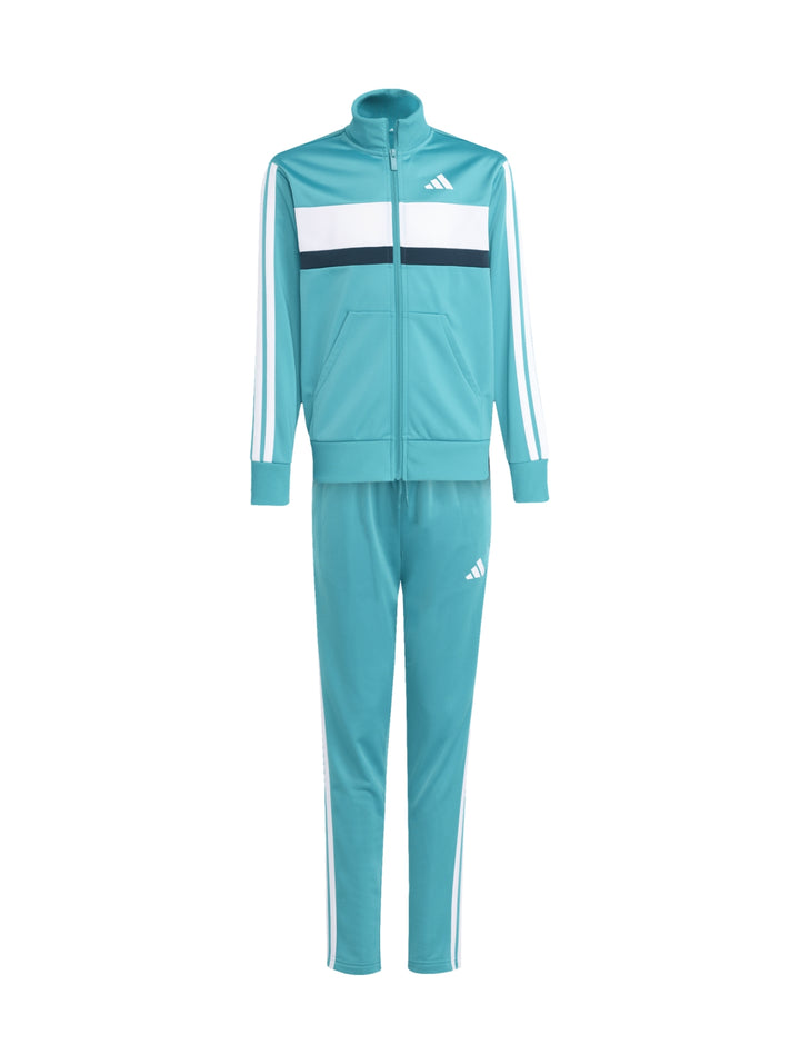 Conjunto deportivo Adidas color turquesa con franjas blancas, incluye chaqueta y pantalón.