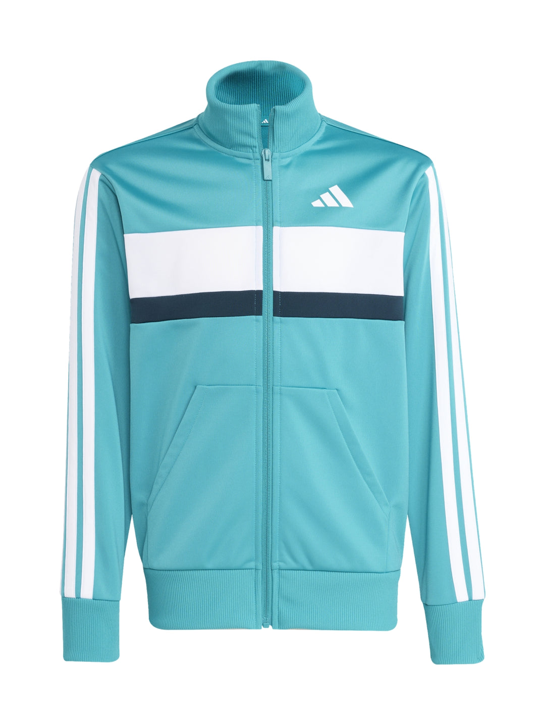Conjunto deportivo Adidas color turquesa con franjas blancas, incluye chaqueta y pantalón.