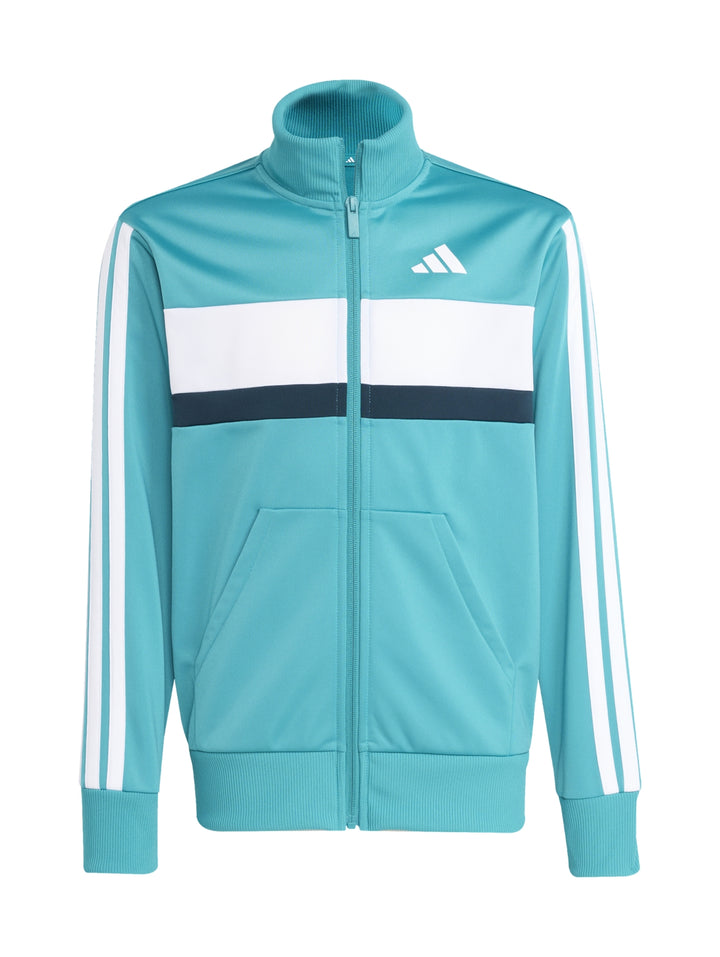 Conjunto deportivo Adidas color turquesa con franjas blancas, incluye chaqueta y pantalón.