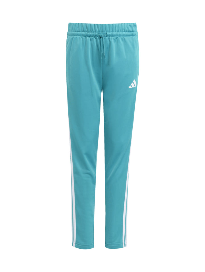 Conjunto deportivo Adidas color turquesa con franjas blancas, incluye chaqueta y pantalón.