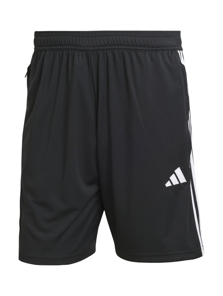 Shorts deportivos Adidas color negro con tres rayas blancas laterales y logo blanco.