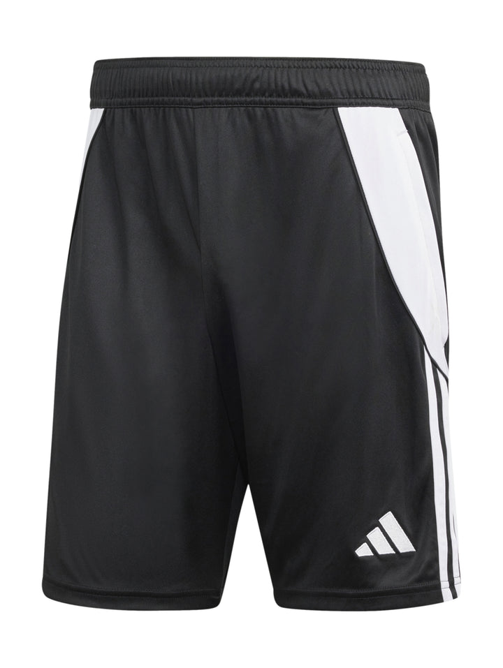 Shorts de entrenamiento Adidas color negro con detalles laterales en blanco.