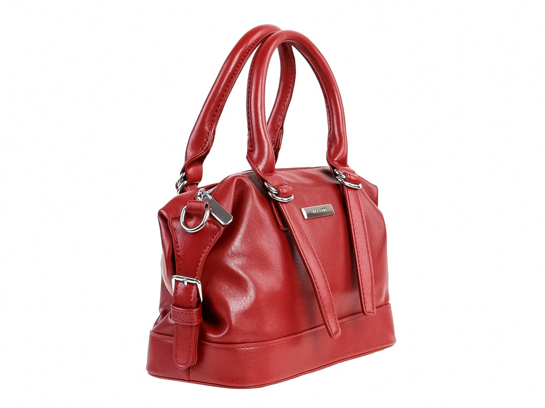 Bolso de mano Felianna modelo Mimi en color rojo con asas cortas y detalles metálicos plateados.