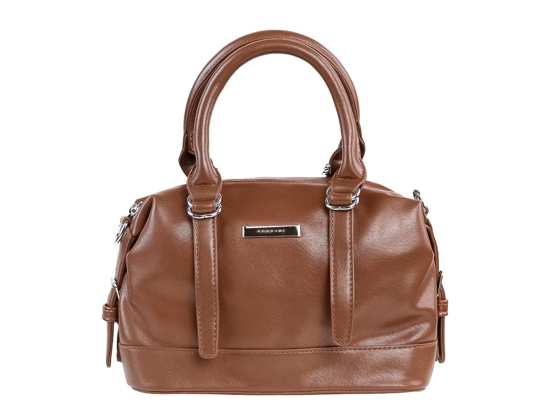 Bolso de mano Felianna modelo Mimi en color chocolate con asas redondeadas y detalles metálicos plateados.