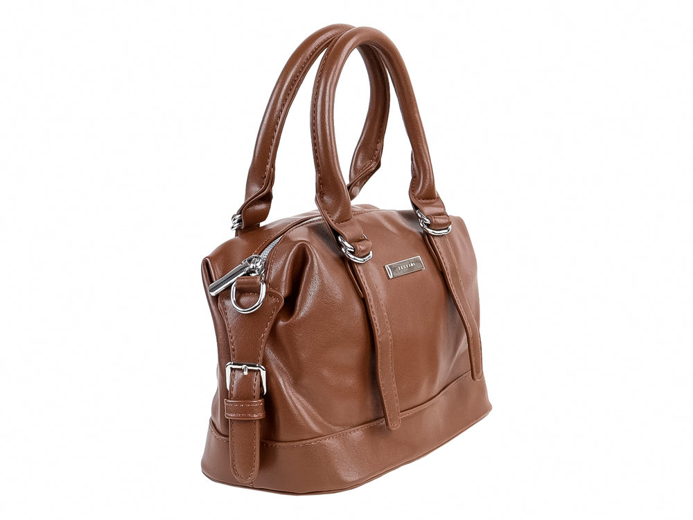 Bolso de mano Felianna modelo Mimi en color chocolate con asas redondeadas y detalles metálicos plateados.