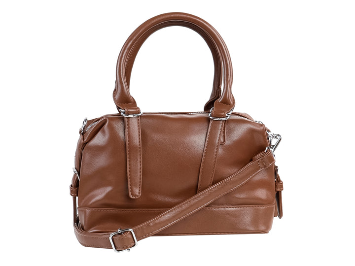 Bolso de mano Felianna modelo Mimi en color chocolate con asas redondeadas y detalles metálicos plateados.