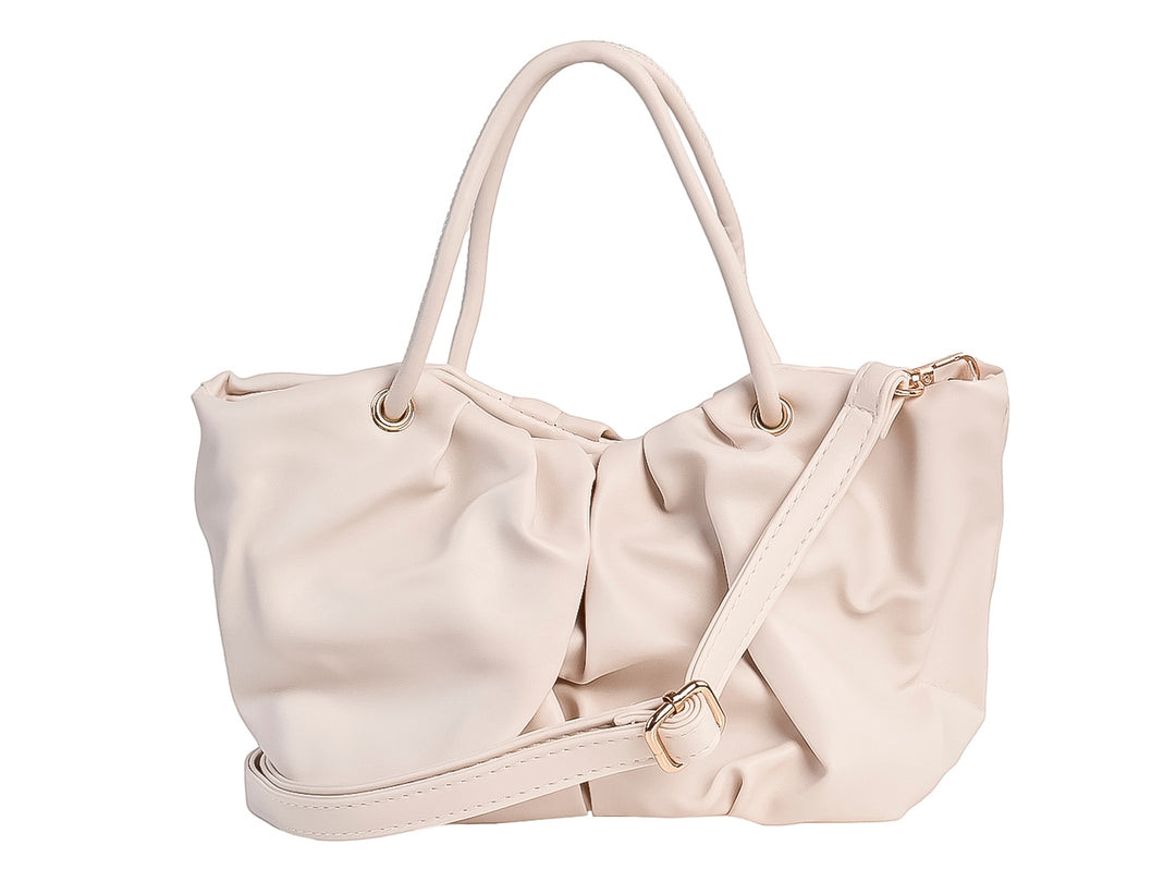 Bolso Felianna Dalia color blanco con diseño plisado y asas largas sobre fondo blanco.