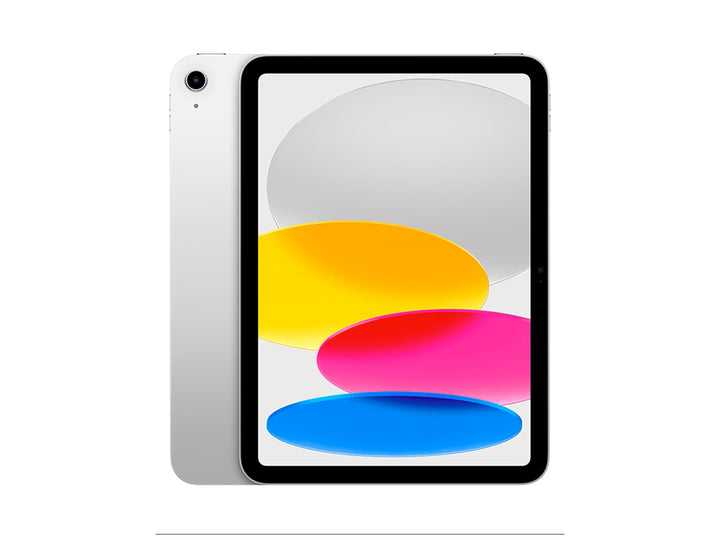 Tablet Apple iPad de color gris con pantalla frontal encendida mostrando fondo colorido.