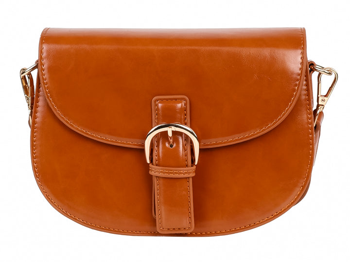 Bolso marrón de forma semicircular con cierre de hebilla dorada y correa ajustable.